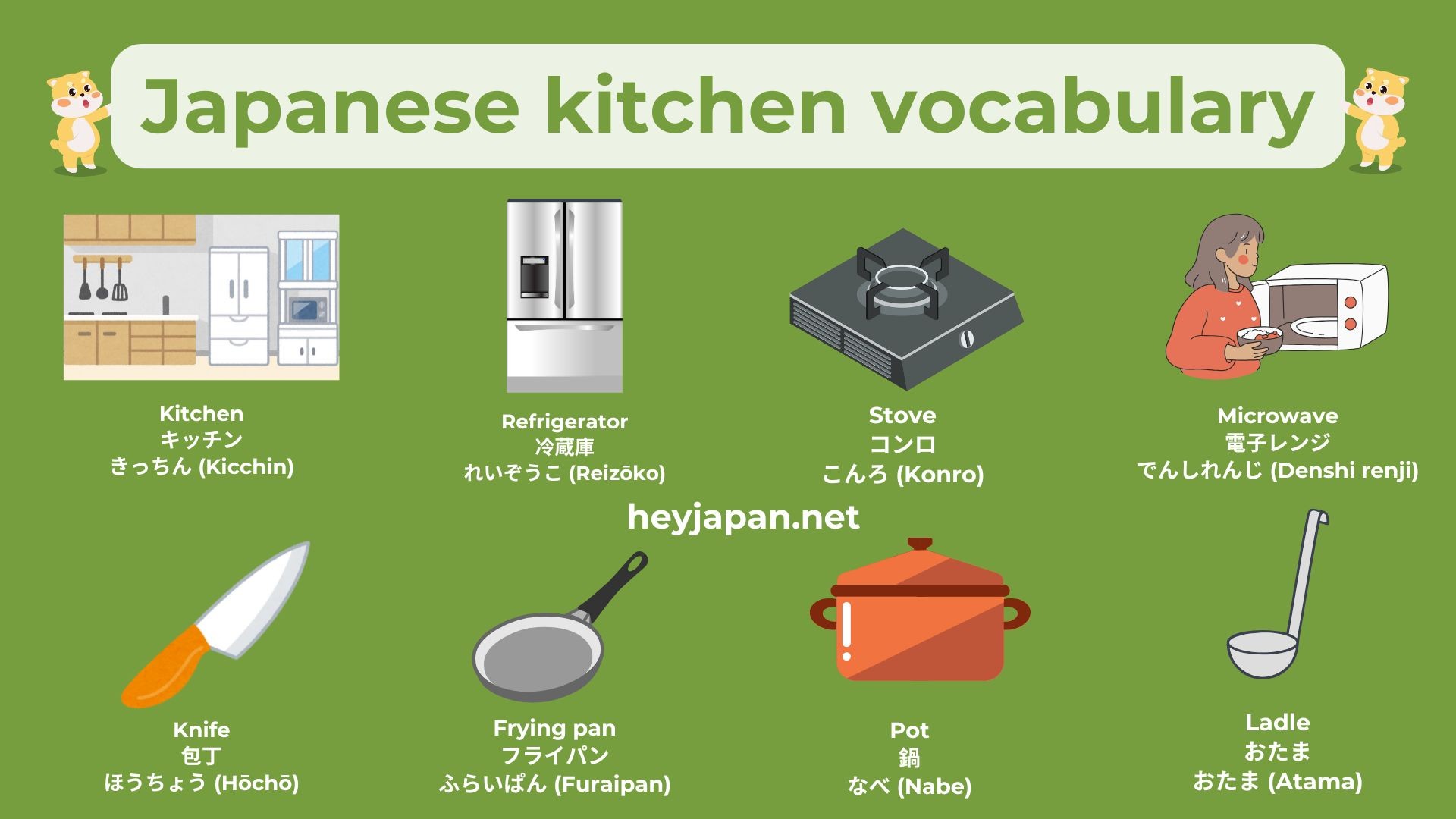 Japanese kitchen vocabuary list - Appliances and Utensils